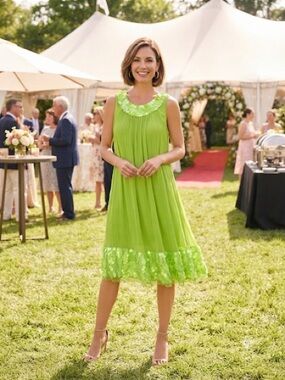 Lime Green Sleeveless Pleated Silk shift Dress with sequins trim